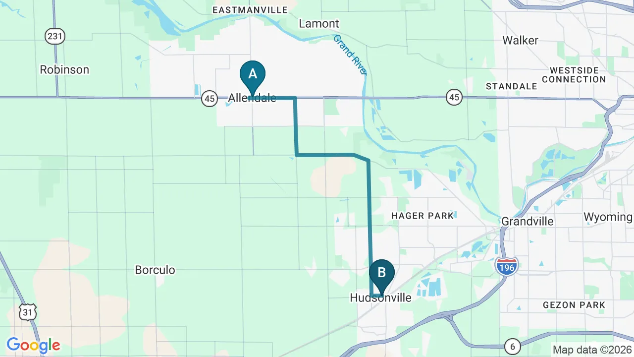 Driving directions map from Allendale, MI to Douglas DeSalvo Chiropractic, Inc. in NOVATO