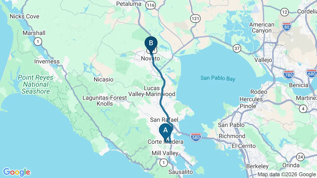 Driving directions map from Corte Madera, CA to DeSalvo Chiropractic in Novato