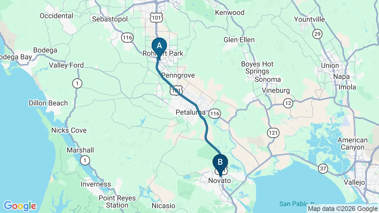 Driving directions map from Cotati, CA to DeSalvo Chiropractic in Novato