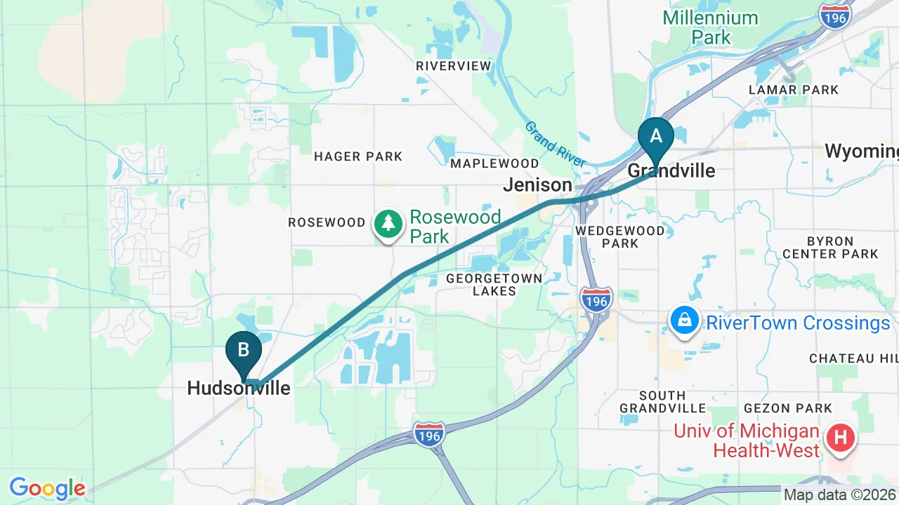 Driving directions map from Grandville, MI to Douglas DeSalvo Chiropractic, Inc. in NOVATO