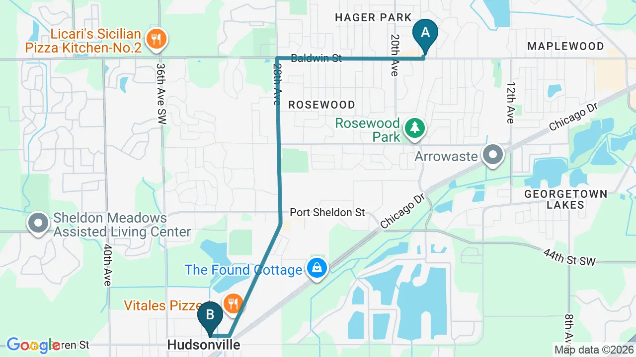 Driving directions map from Jenison, MI to Douglas DeSalvo Chiropractic, Inc. in NOVATO