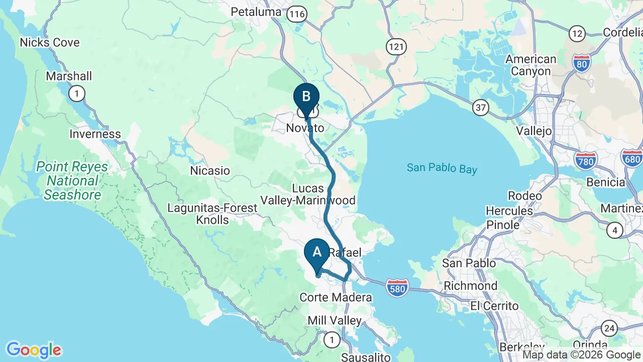 Driving directions map from Kentfield, CA to DeSalvo Chiropractic in Novato