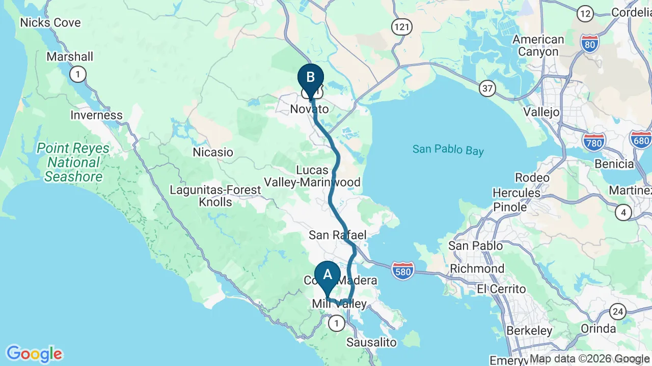 Driving directions map from Mill Valley, CA to DeSalvo Chiropractic in Novato