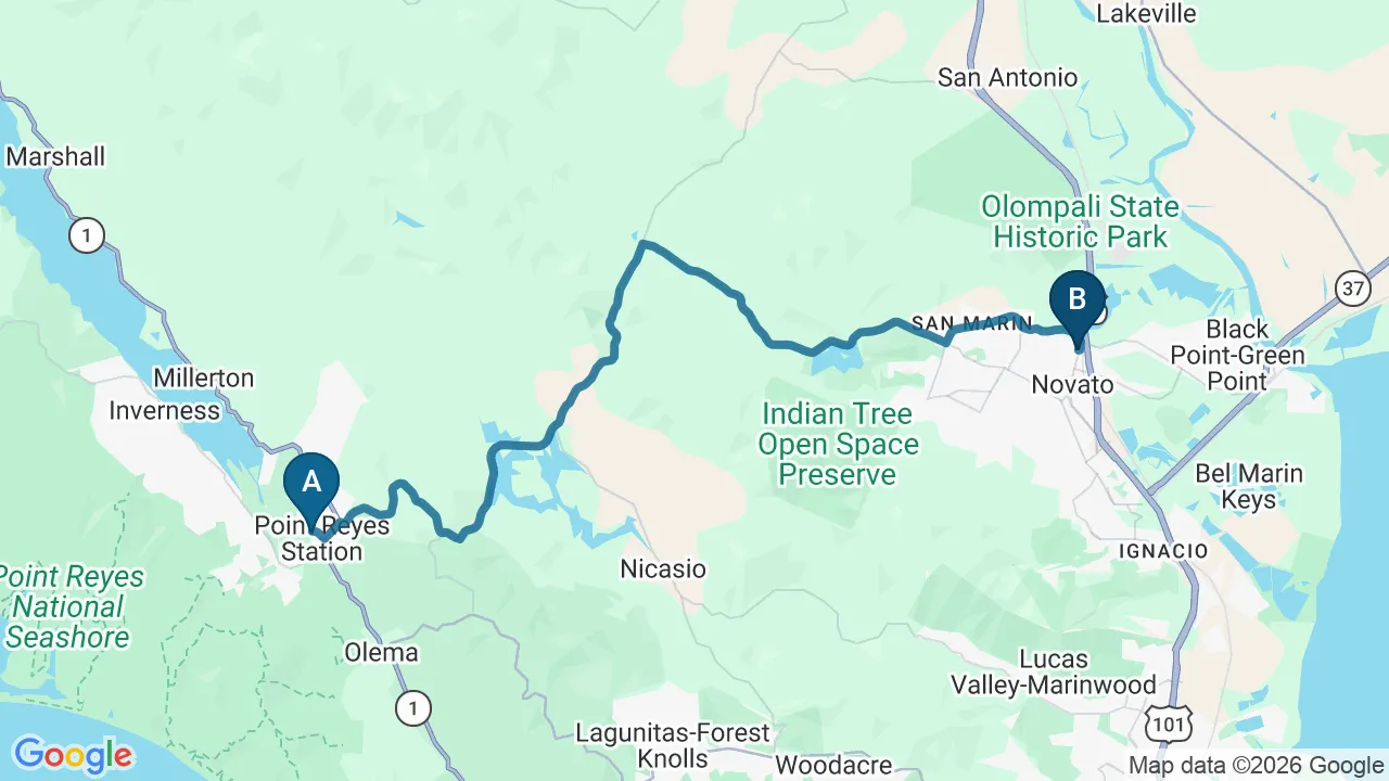Driving directions map from Point Reyes Station, CA to DeSalvo Chiropractic in Novato