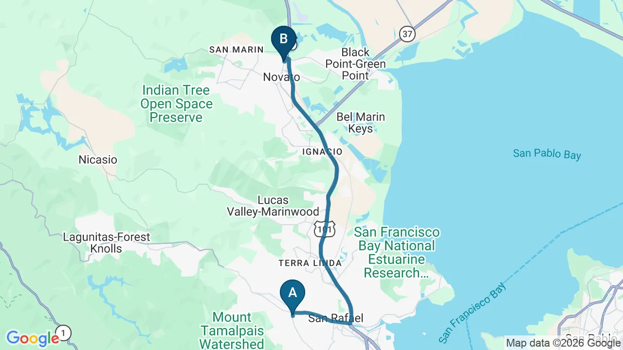 Driving directions map from San Anselmo, CA to DeSalvo Chiropractic in Novato