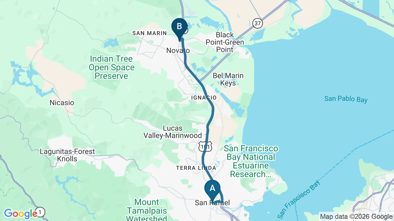 Driving directions map from San Rafael, CA to DeSalvo Chiropractic in Novato