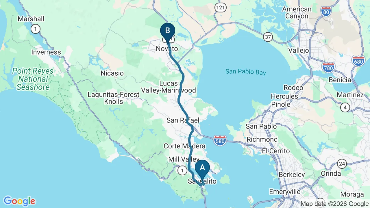 Driving directions map from Sausalito, CA to DeSalvo Chiropractic in Novato