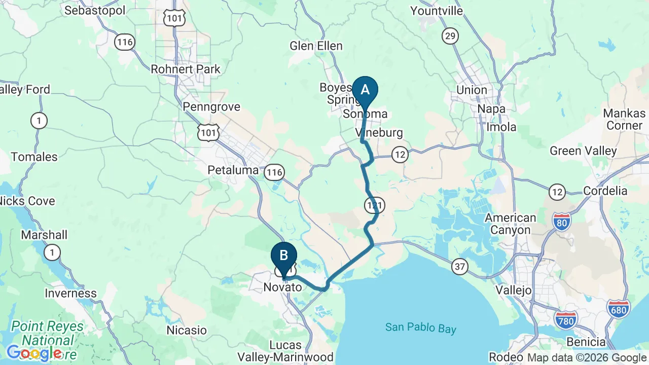 Driving directions map from Sonoma, CA to DeSalvo Chiropractic in Novato