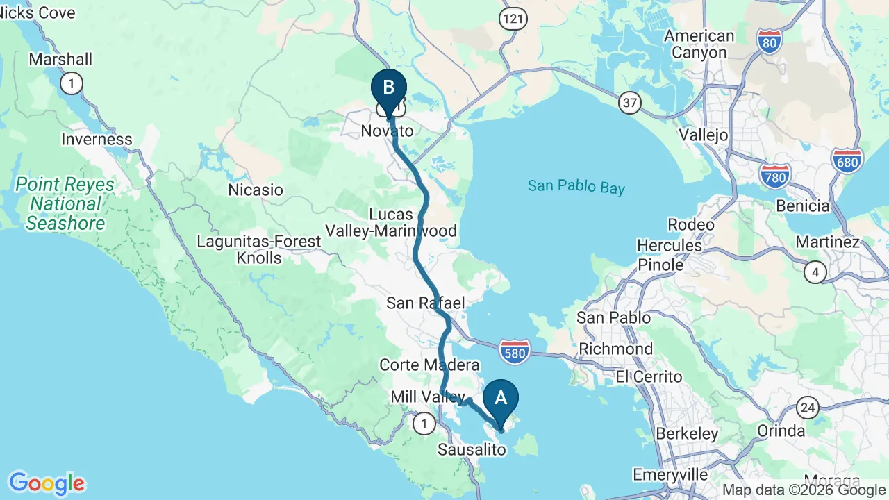 Driving directions map from Tiburon, CA to DeSalvo Chiropractic in Novato